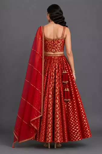 Deep Red Embroidered Chanderi Lehenga Set