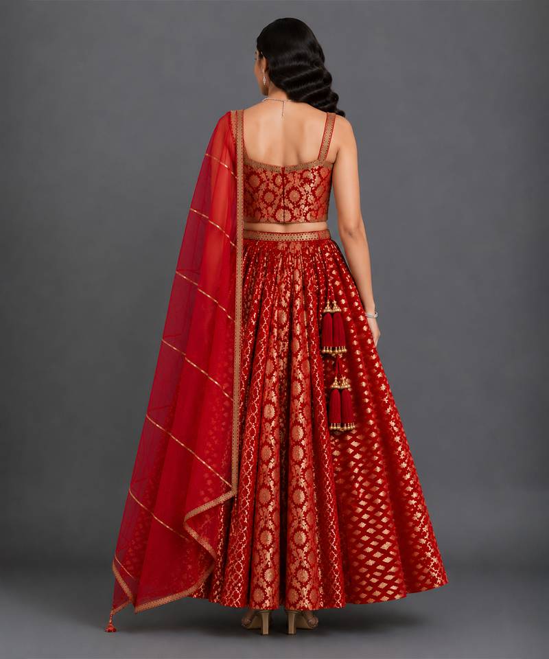 Deep Red Embroidered Chanderi Lehenga Set