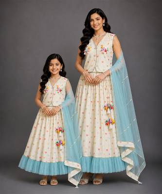Off White Blue Printed Cotton Silk Lehenga Set 1