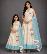 Off White Blue Printed Cotton Silk Lehenga Set