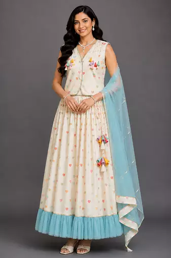 Off White Blue Printed Cotton Silk Lehenga Set