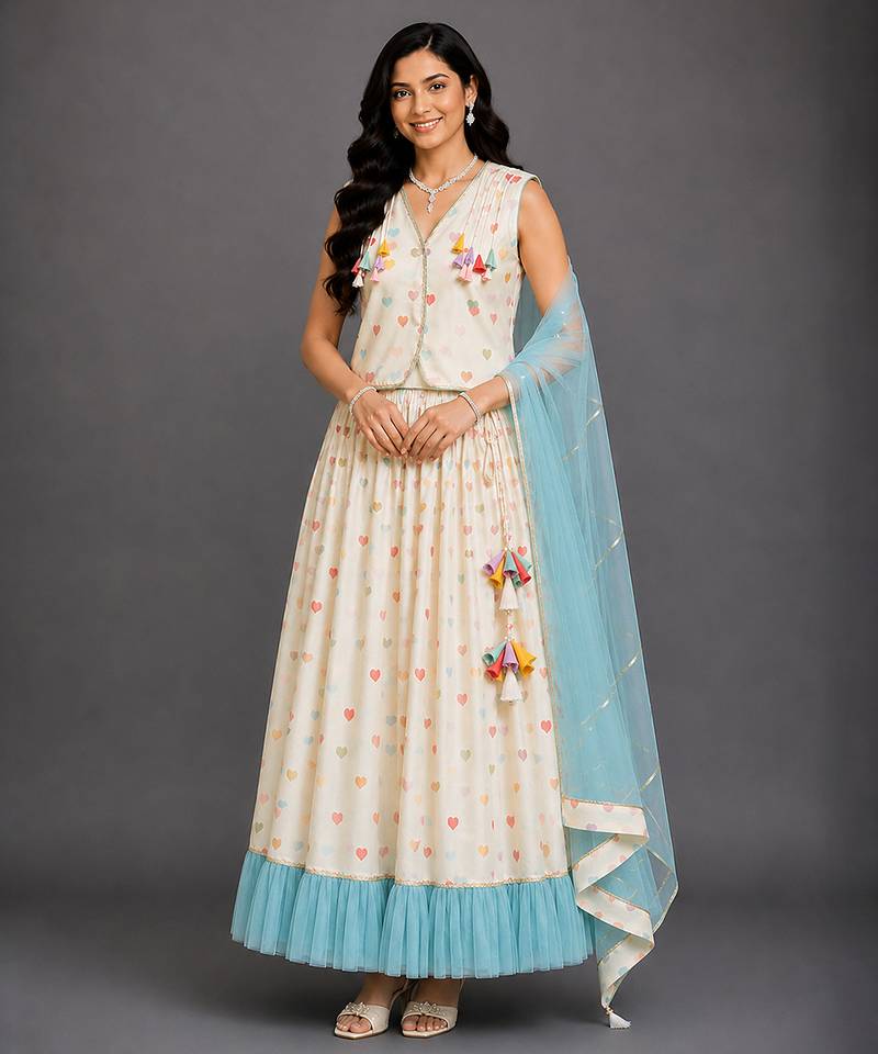 Off White Blue Printed Cotton Silk Lehenga Set