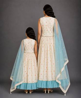 Off White Blue Printed Cotton Silk Lehenga Set 3