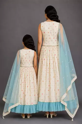 Off White Blue Printed Cotton Silk Lehenga Set
