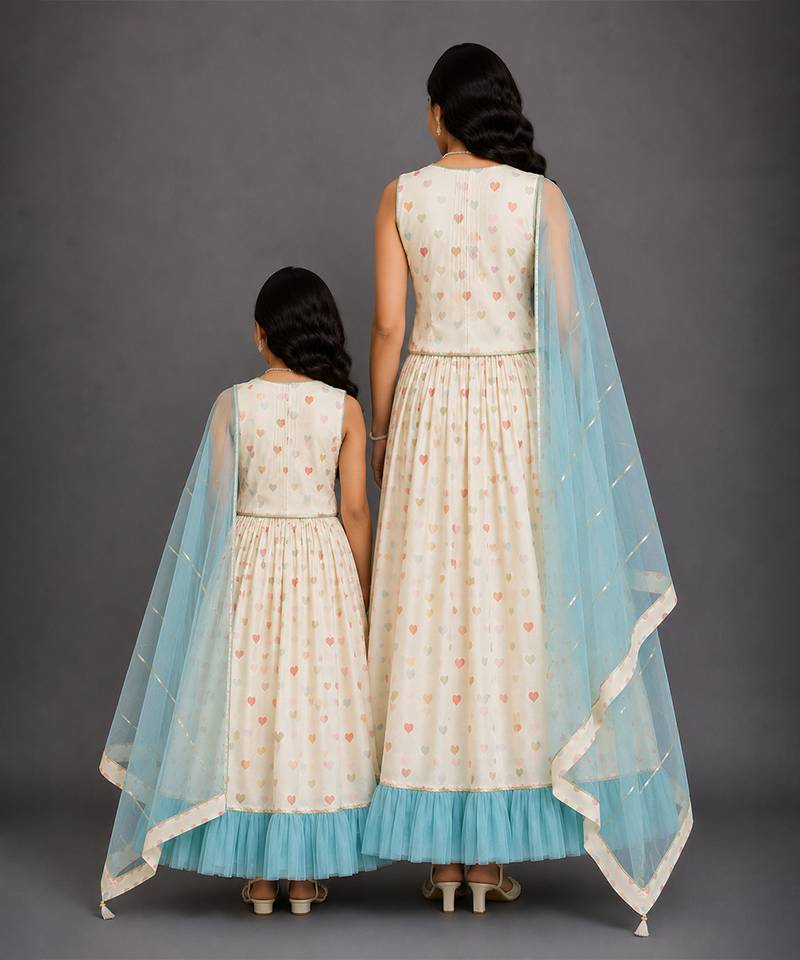 Off White Blue Printed Cotton Silk Lehenga Set