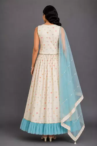 Off White Blue Printed Cotton Silk Lehenga Set