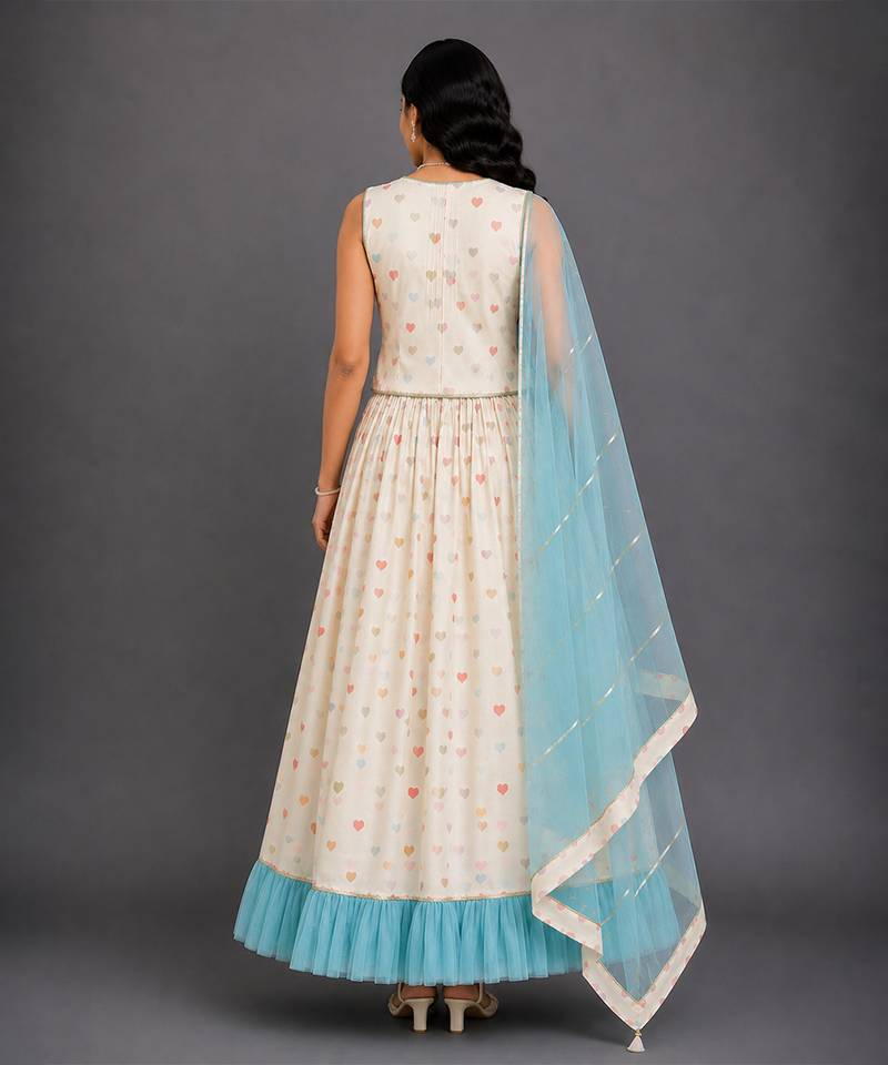 Off White Blue Printed Cotton Silk Lehenga Set