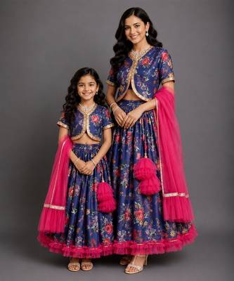 Navy Blue Printed Cotton Silk Lehenga Set 1