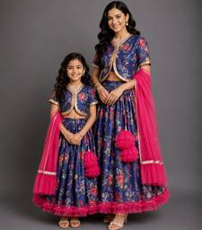 Navy Blue Printed Cotton Silk Lehenga Set
