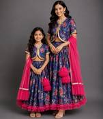 Navy Blue Printed Cotton Silk Lehenga Set
