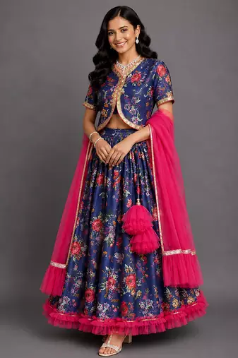 Navy Blue Printed Cotton Silk Lehenga Set