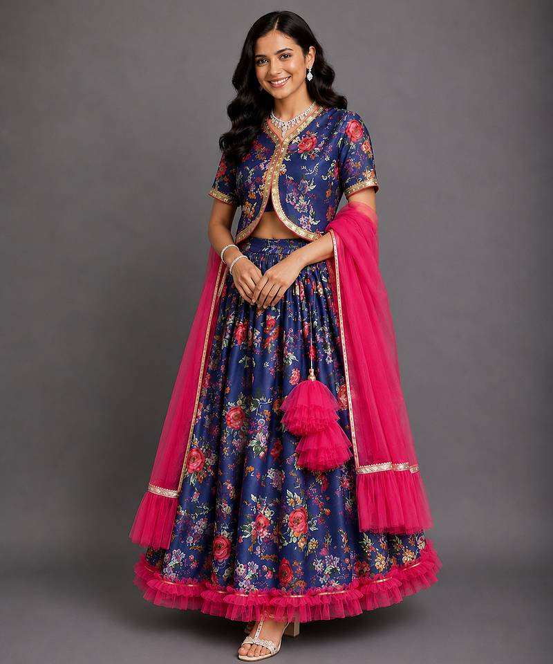 Navy Blue Printed Cotton Silk Lehenga Set