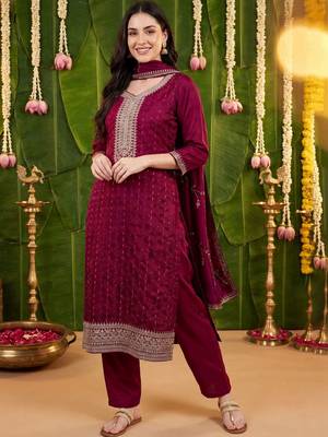 Women Ethnic Motifs Embroidered Regular Thread Work Kurta with Trousers & With Dupatta 1