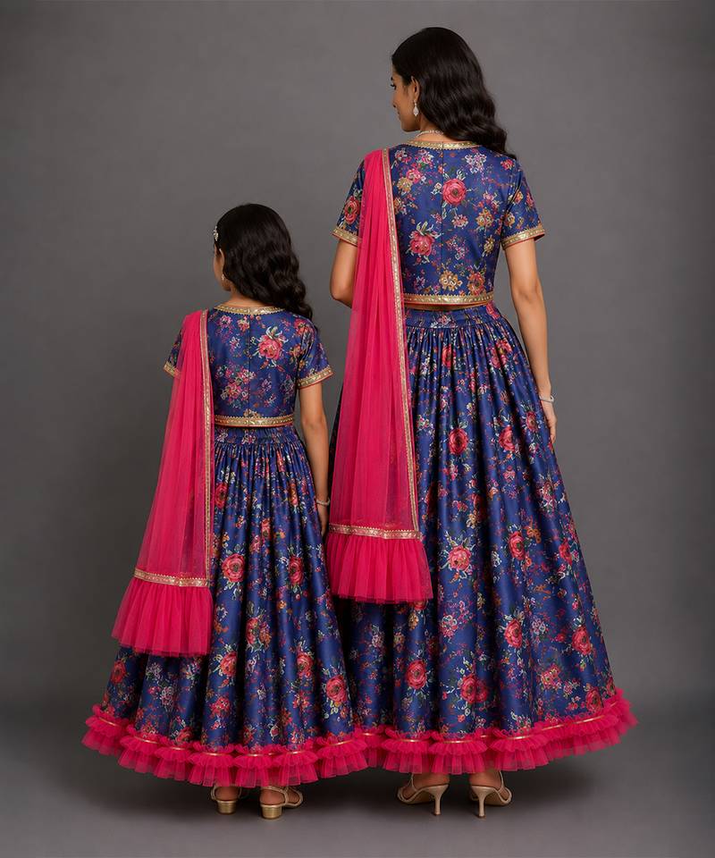 Navy Blue Printed Cotton Silk Lehenga Set