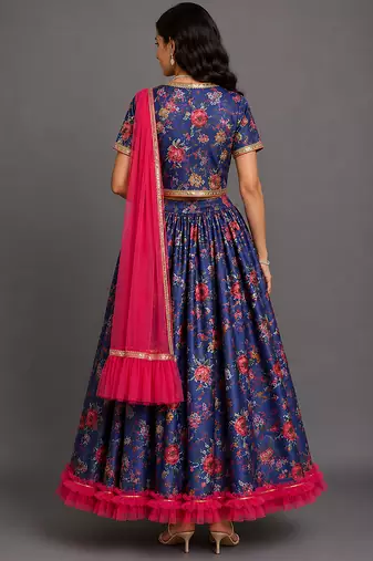 Navy Blue Printed Cotton Silk Lehenga Set