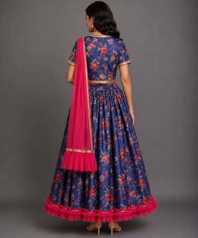 Navy Blue Printed Cotton Silk Lehenga Set