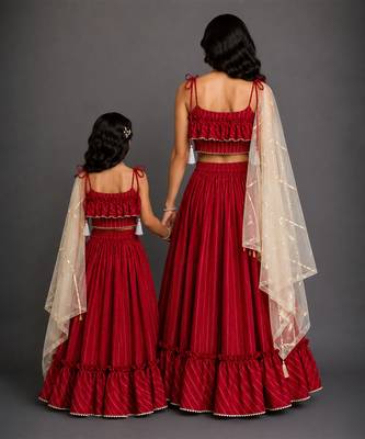 Crimson Red Embroidered Cotton Silk Lehenga Set 2