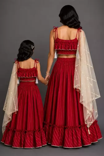 Crimson Red Embroidered Cotton Silk Lehenga Set