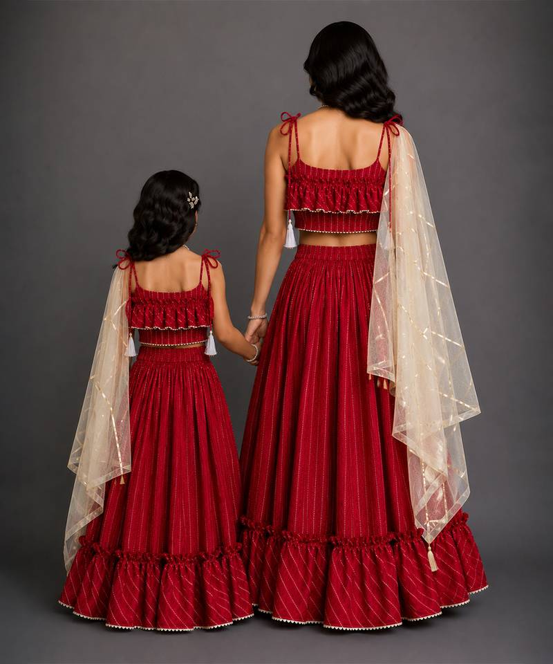 Crimson Red Embroidered Cotton Silk Lehenga Set