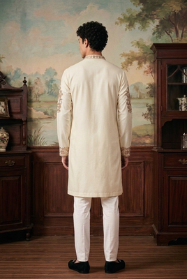 roman silk fabric embroidery mens designer party wear kurta pajama. 3