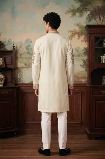 roman silk fabric embroidery mens designer party wear kurta pajama.