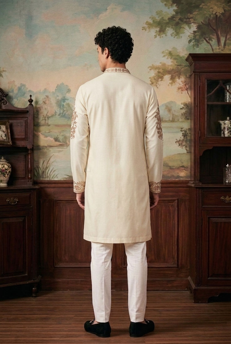 roman silk fabric embroidery mens designer party wear kurta pajama.