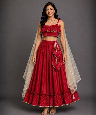 Crimson Red Embroidered Cotton Silk Lehenga Set 1