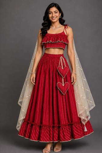Crimson Red Embroidered Cotton Silk Lehenga Set