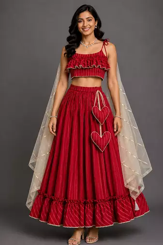 Crimson Red Embroidered Cotton Silk Lehenga Set