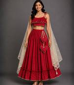 Crimson Red Embroidered Cotton Silk Lehenga Set