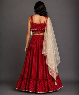 Crimson Red Embroidered Cotton Silk Lehenga Set 3