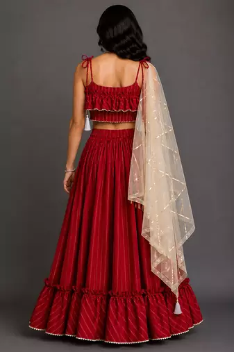 Crimson Red Embroidered Cotton Silk Lehenga Set