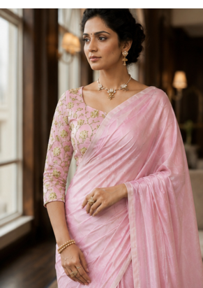 Baby Pink Color Plain Satin Silk Blend Saree 1