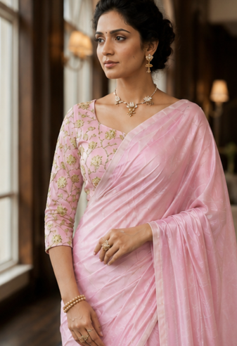 Baby Pink Plain Satin Silk Blend Saree
