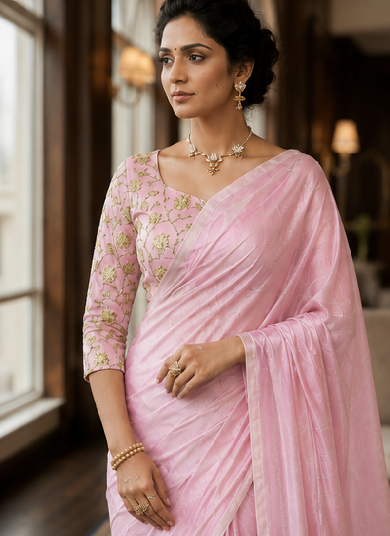 Baby Pink Color Plain Satin Silk Blend Saree