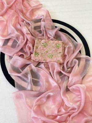 Baby Pink Color Plain Satin Silk Blend Saree 3
