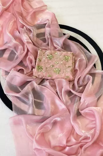 Baby Pink Color Plain Satin Silk Blend Saree