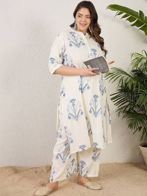 Plus Size Off White Printed Straight Kurta Palazzos Set 3