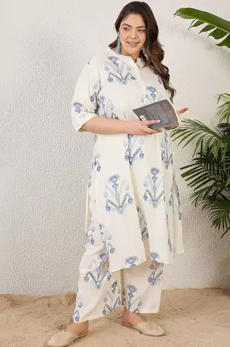 Plus Size Off White Printed Straight Kurta Palazzos Set