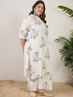 Plus Size Off White Printed Straight Kurta Palazzos Set 4