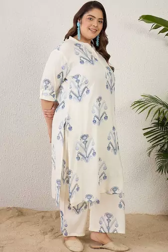 Plus Size Off White Printed Straight Kurta Palazzos Set