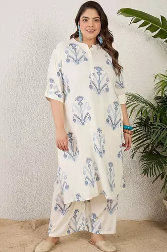 Plus Size Off White Printed Straight Kurta Palazzos Set