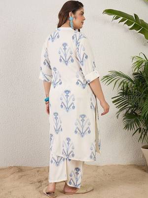Plus Size Off White Printed Straight Kurta Palazzos Set 6