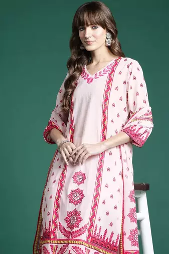 Ethnic Motifs Embroidered Panelled Pure Cotton Kurta with Trousers & Dupatta