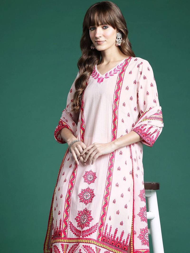 Ethnic Motifs Embroidered Panelled Pure Cotton Kurta with Trousers & Dupatta