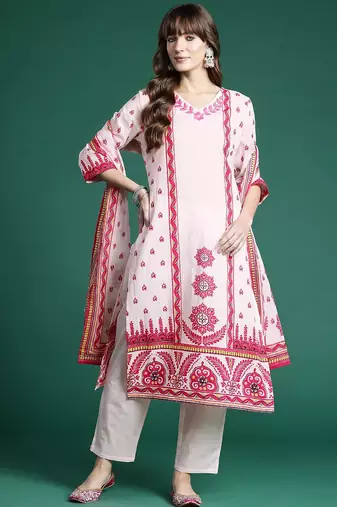 Ethnic Motifs Embroidered Panelled Pure Cotton Kurta with Trousers & Dupatta