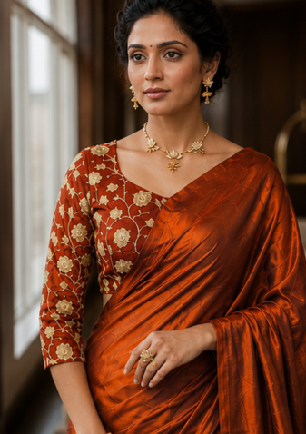 Copper Color Plain Satin Silk Blend Saree