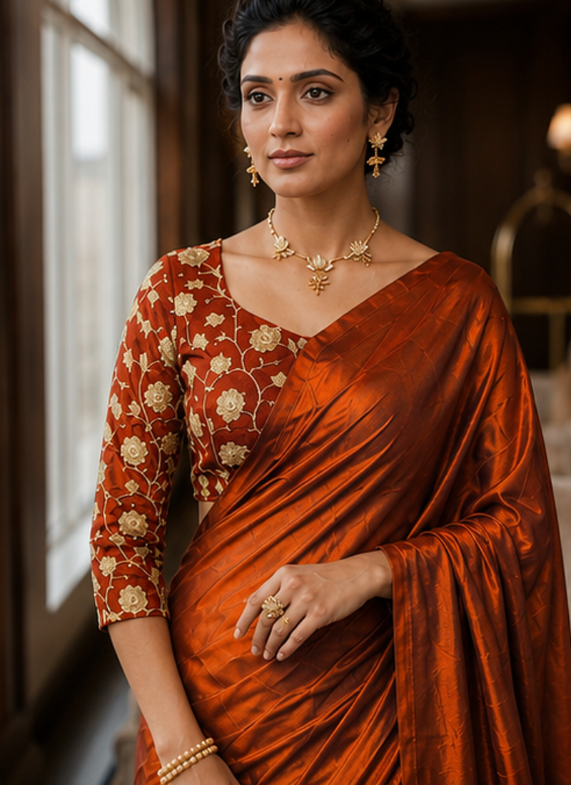 Copper Color Plain Satin Silk Blend Saree