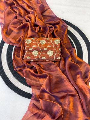 Copper Color Plain Satin Silk Blend Saree 3