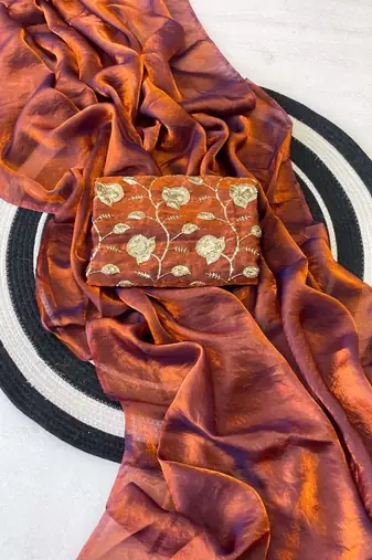 Copper Color Plain Satin Silk Blend Saree